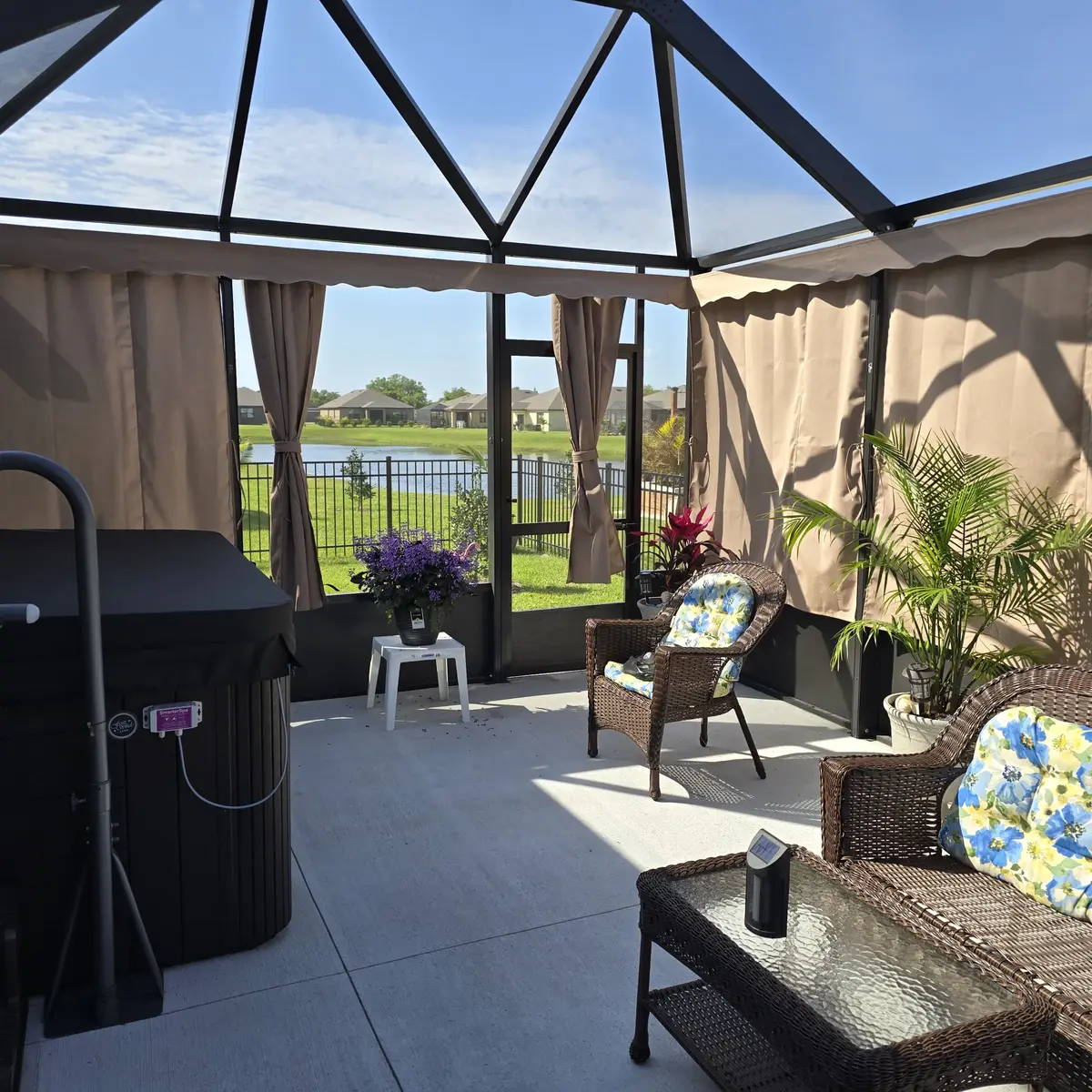 White privacy roller shades in Florida lanai screen enclosure